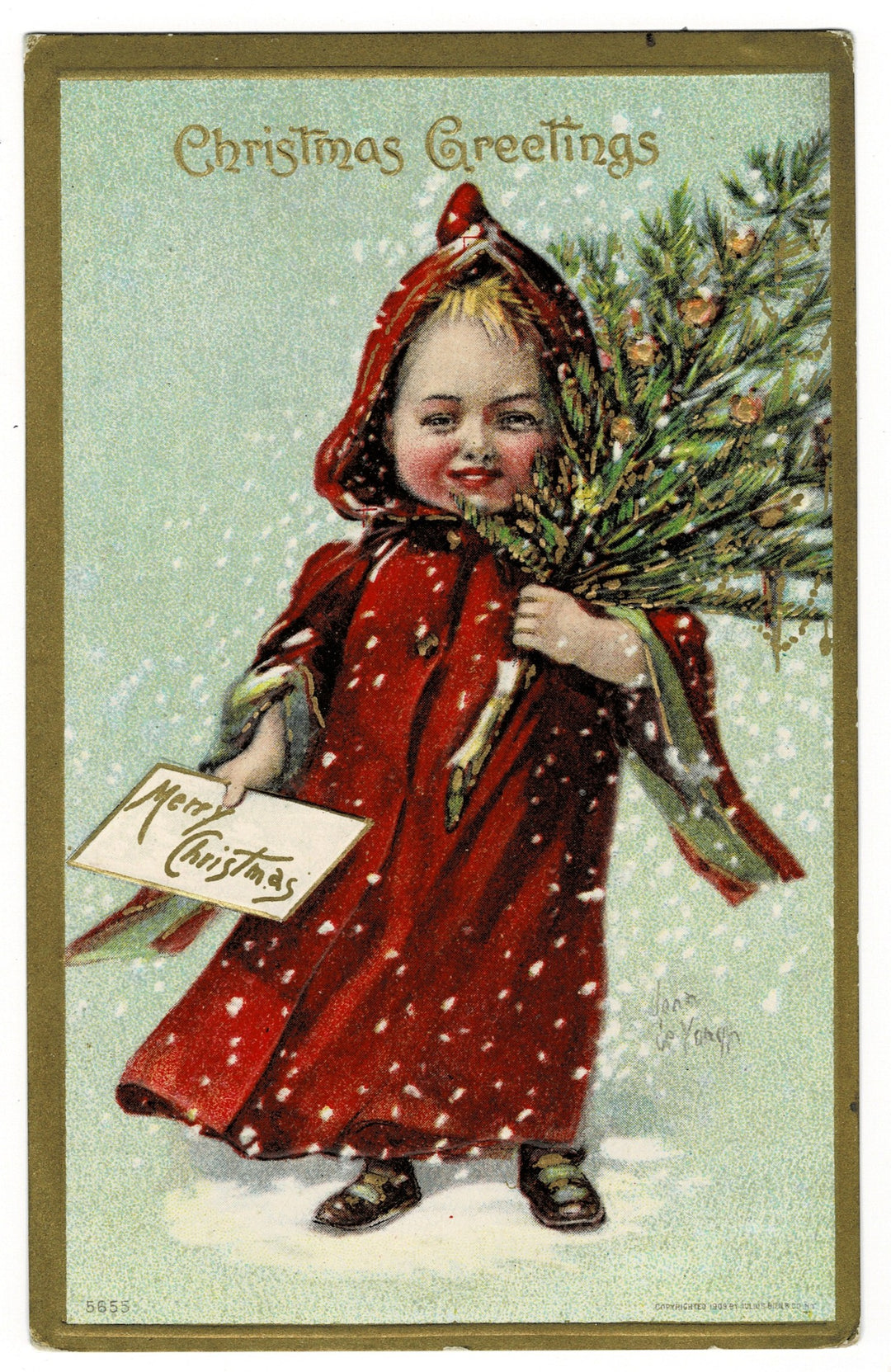 1909 Red Cloak Christmas Girl Vintage Postcard.