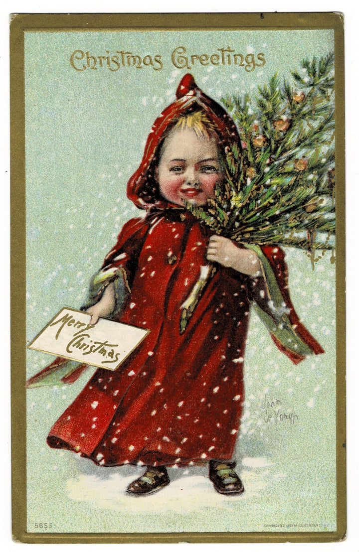 1909 Red Cloak Christmas Girl Vintage Postcard.