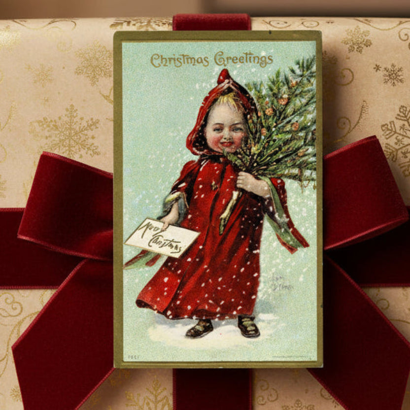 1909 Red Cloak Christmas Girl Vintage Postcard gift topper.