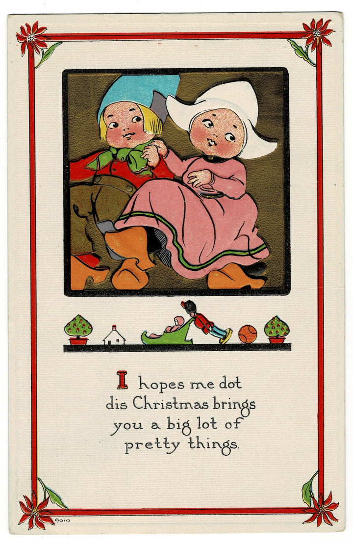 1913 Darling Dutch Children Carry Christmas Greetings Vintage Postcard.