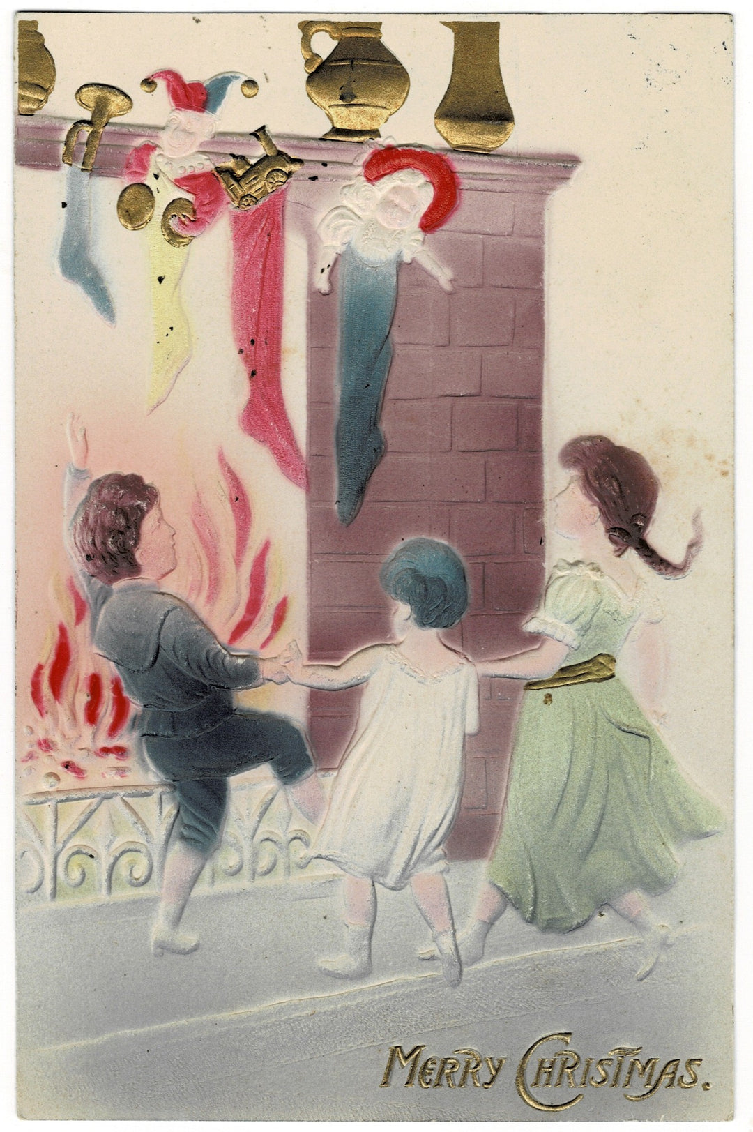 1914 Children Christmas Dancing by the Hearth Vintage Postcard.