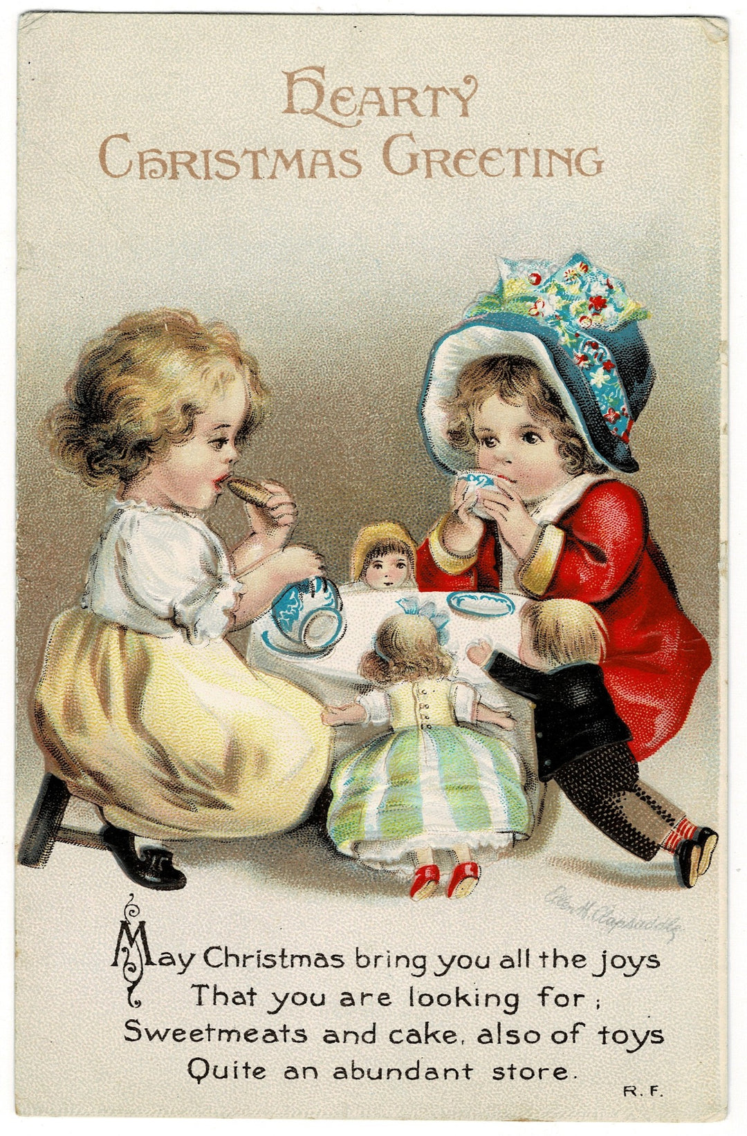 1915 Clapsaddle Christmas Tea Party Vintage Postcard Artist Signed.