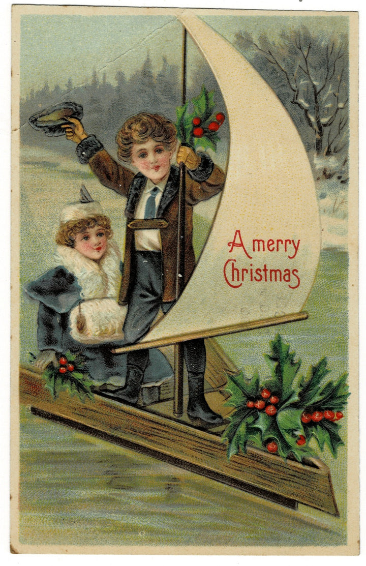 1907 Children Sailing Into Christmas On An Iceboat Vintage Postcard.