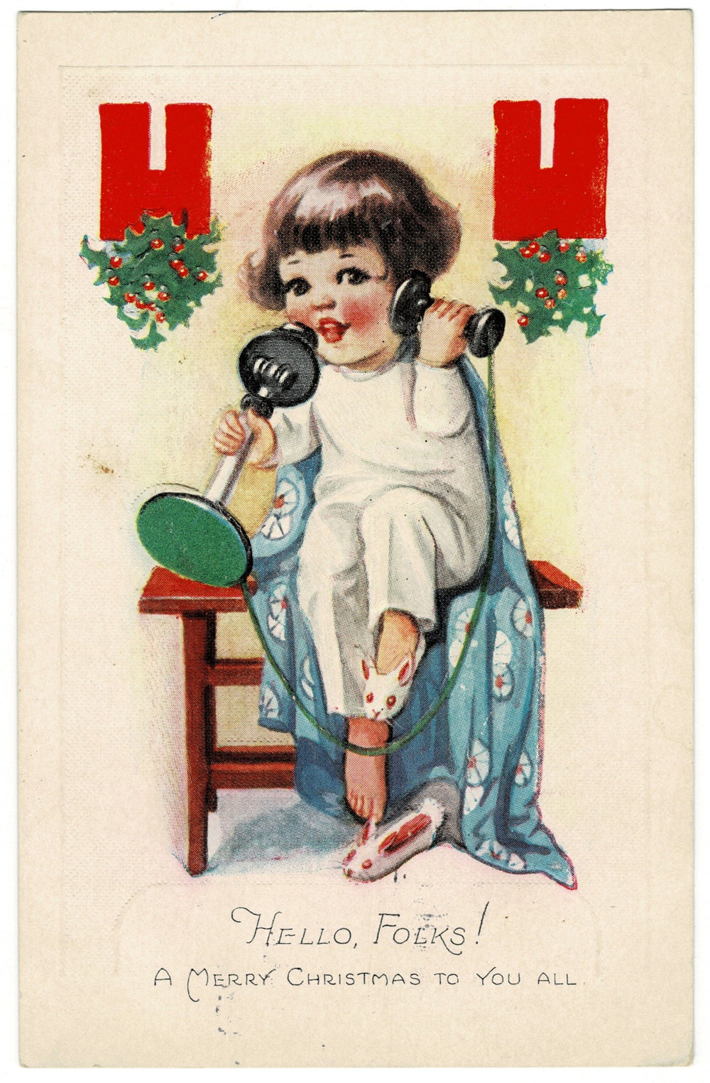 1910s A Christmas Call in Bunny Slippers WW1 Vintage Holiday Postcard.