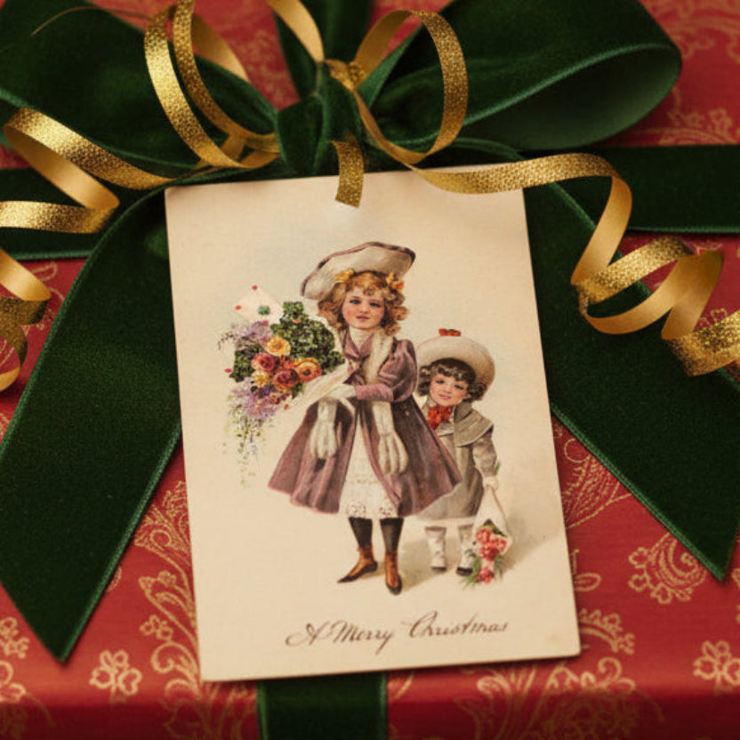 1908 Shamrocks and Seasonal Wishes Vintage Irish Postcard, shown used as a gift topper.