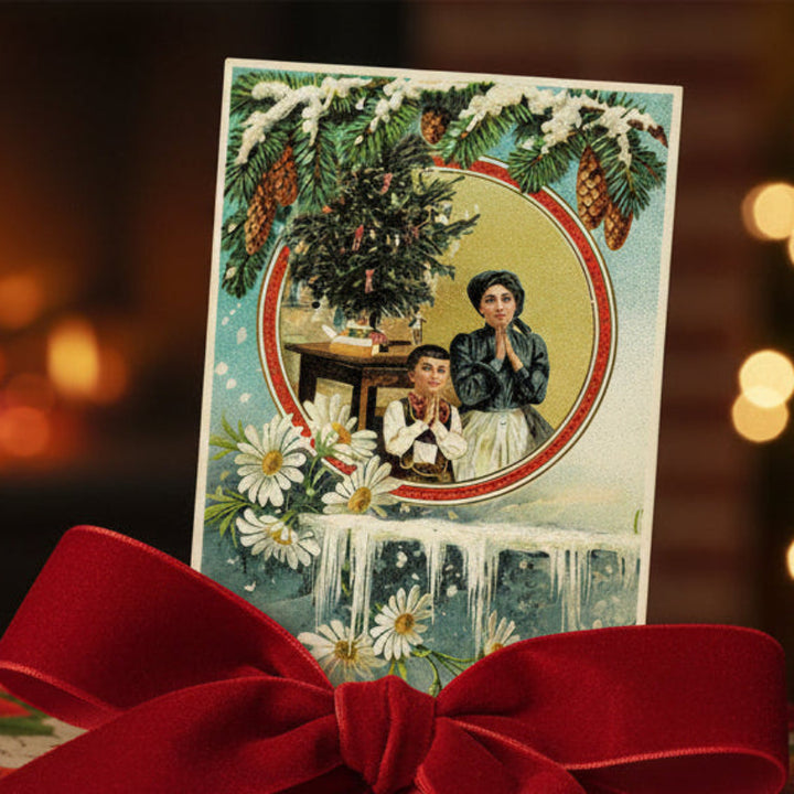 1907 A Bavarian Boy’s First American Noel Vintage Christmas Postcard, shown used as a gift topper. 
