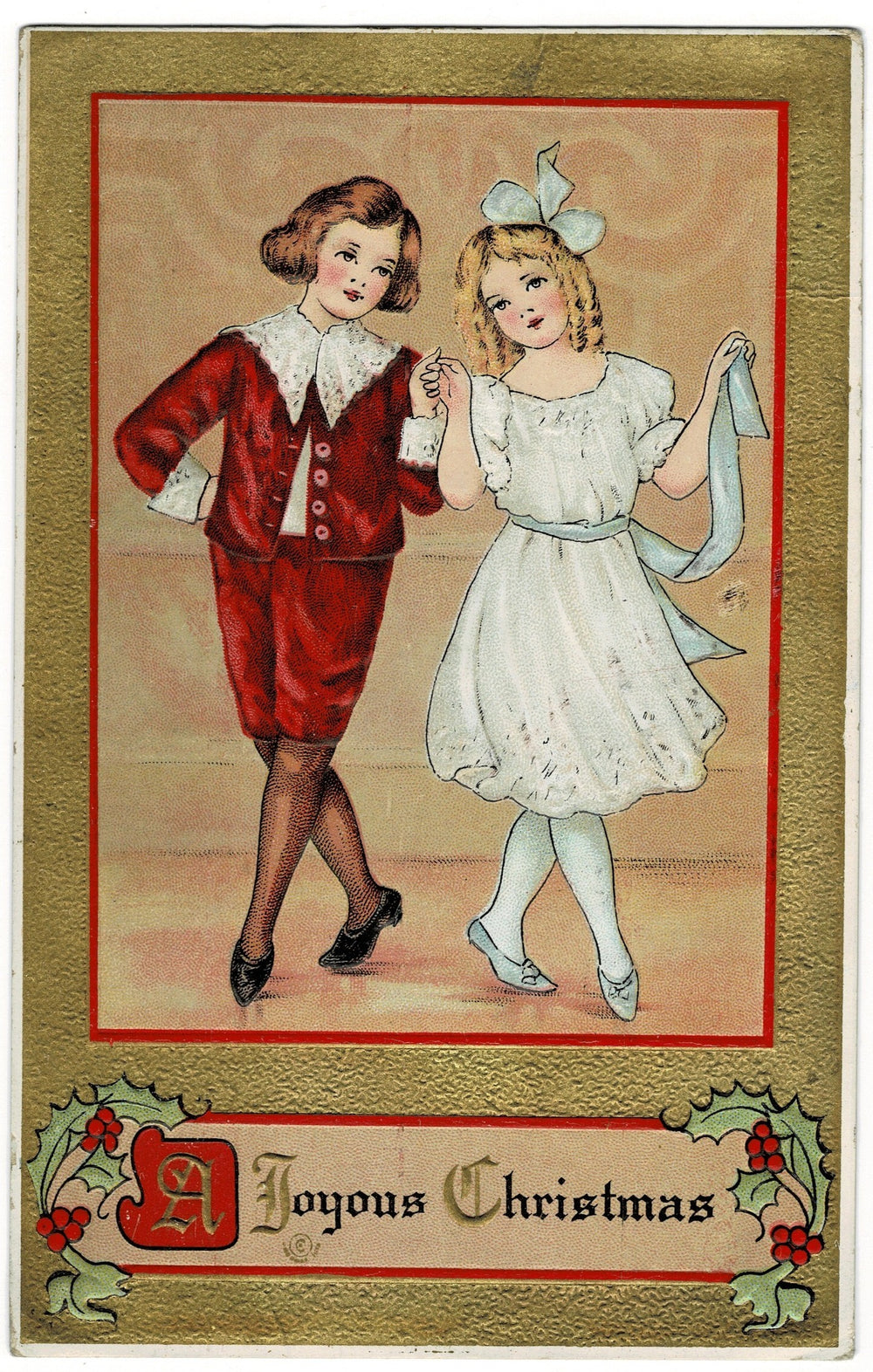 1915 A Christmas Country Dance Gilded Embossed Vintage Postcard.