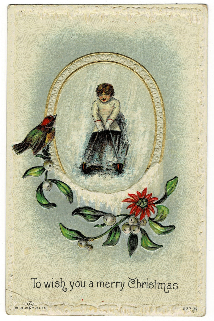 1912 Sledding Into Christmas Vintage Postcard.