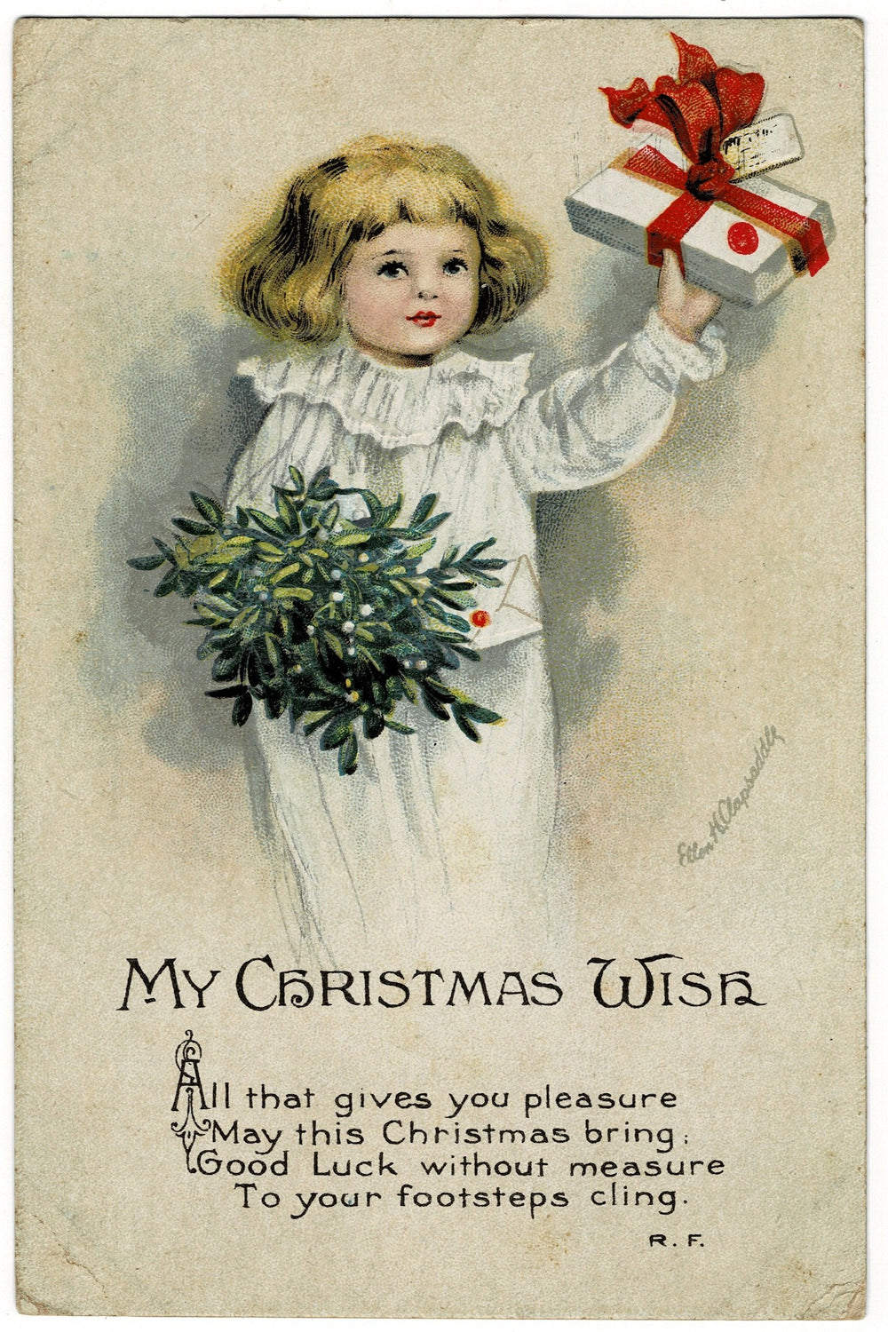 1916 Christmas Wishes by Clapsaddle Vintage Postcard Artist Signed.