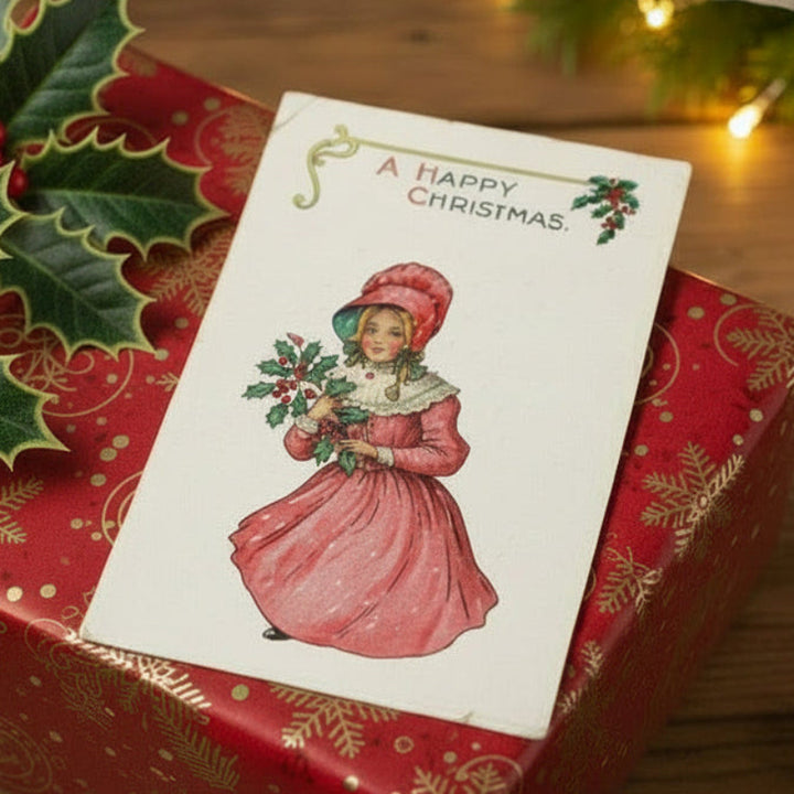 1914 Bringing You Christmas Cheer by MALFR Vintage Postcard Artist Signed, gift topper.