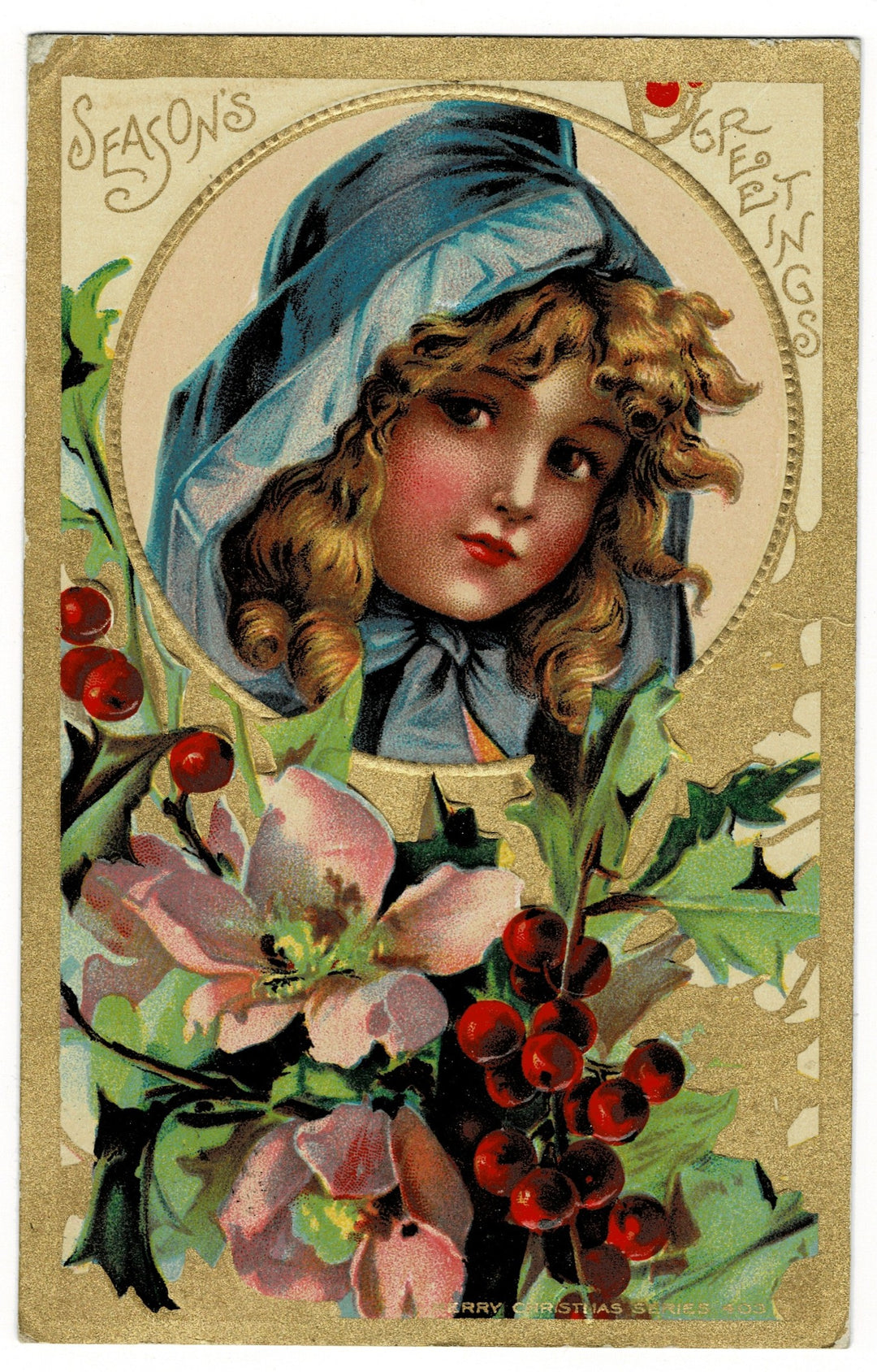 1909 Christmas Maiden In Bloom Vintage Christmas Postcard.