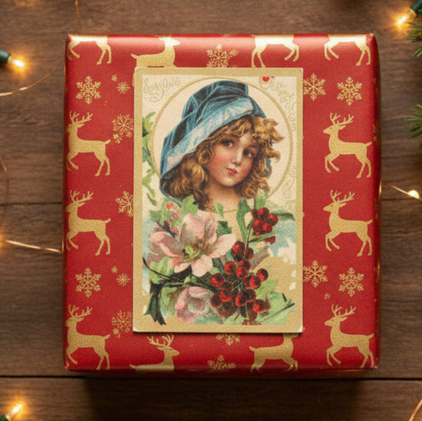 1909 Christmas Maiden In Bloom Vintage Christmas Postcard, gift topper.