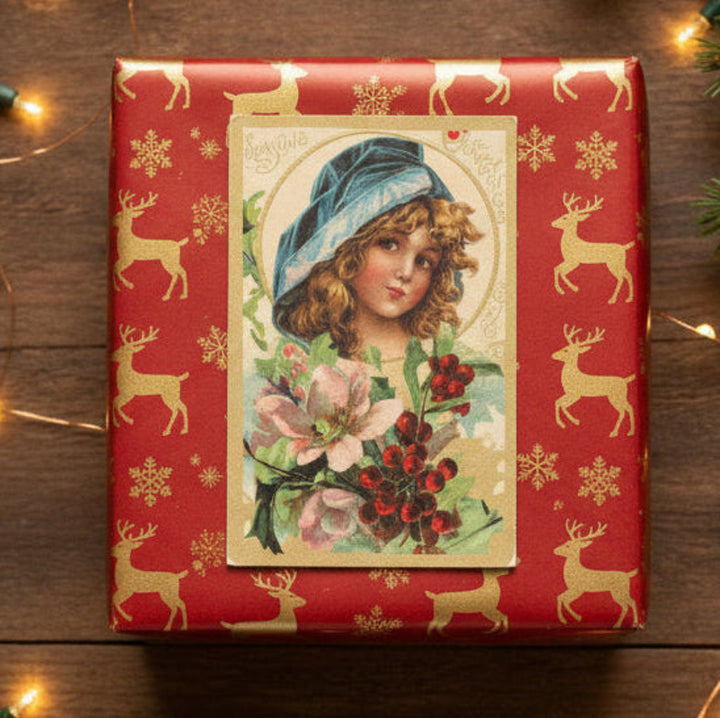 1909 Christmas Maiden In Bloom Vintage Christmas Postcard, gift topper.