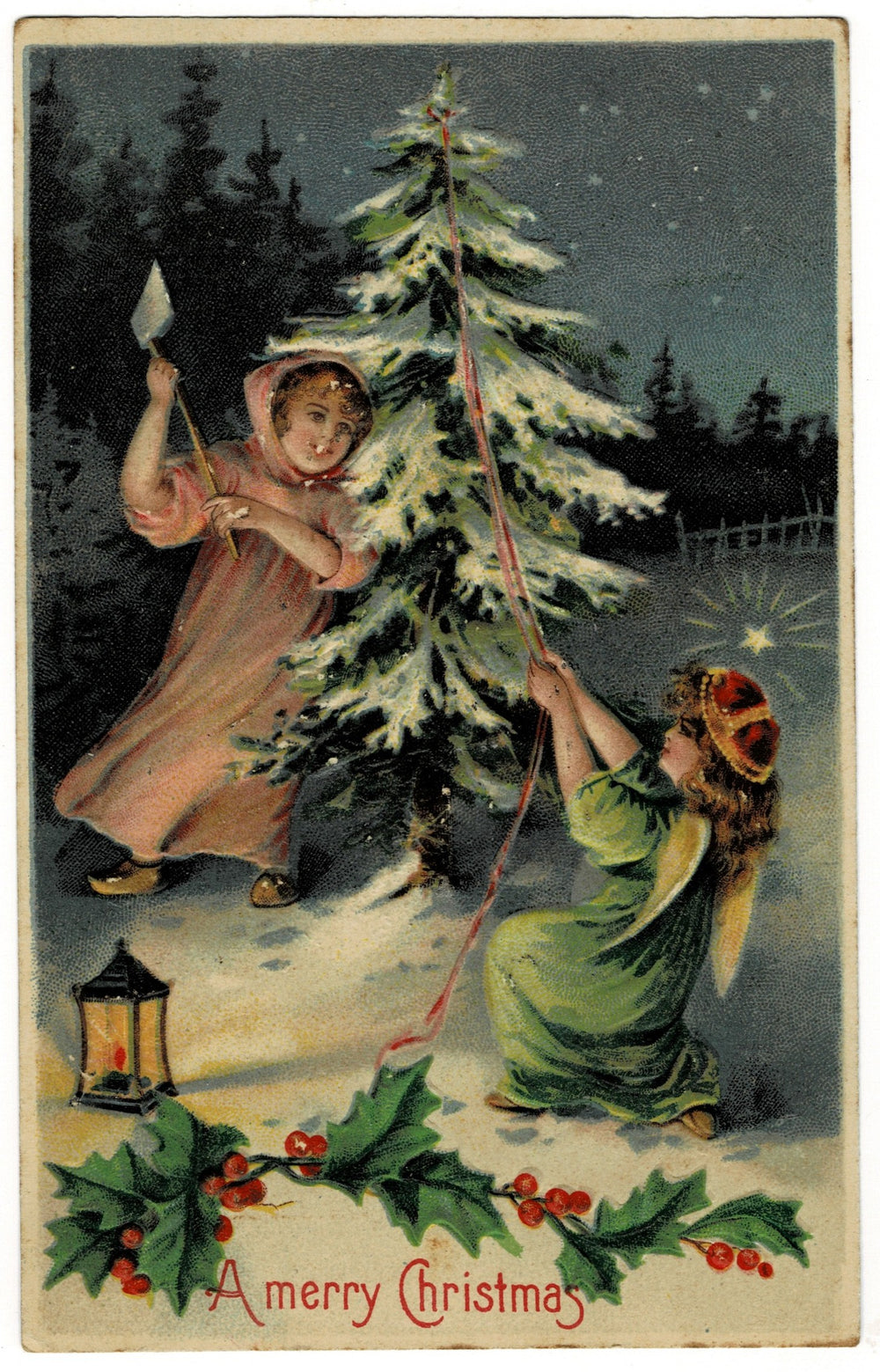 1908 Heavenly Help Cutting Down The Tree Vintage Christmas Postcard Angel.