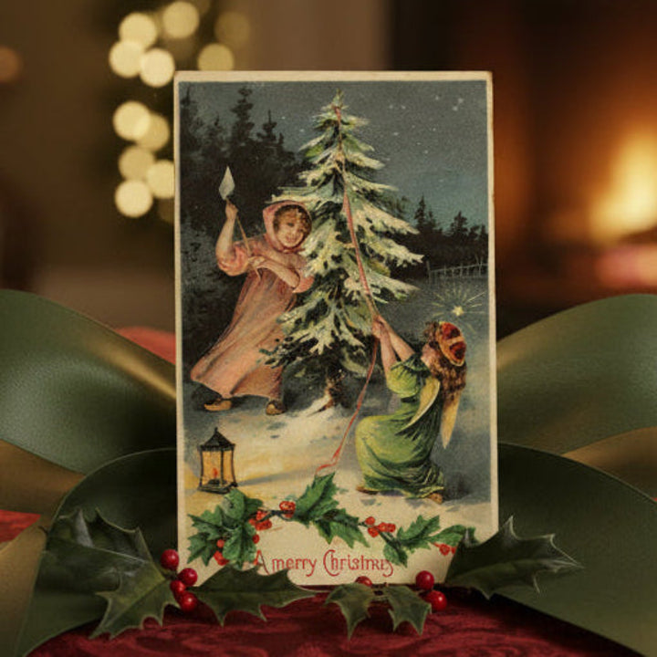 1908 Heavenly Help Cutting Down The Tree Vintage Christmas Postcard Angel gift topper, decor.