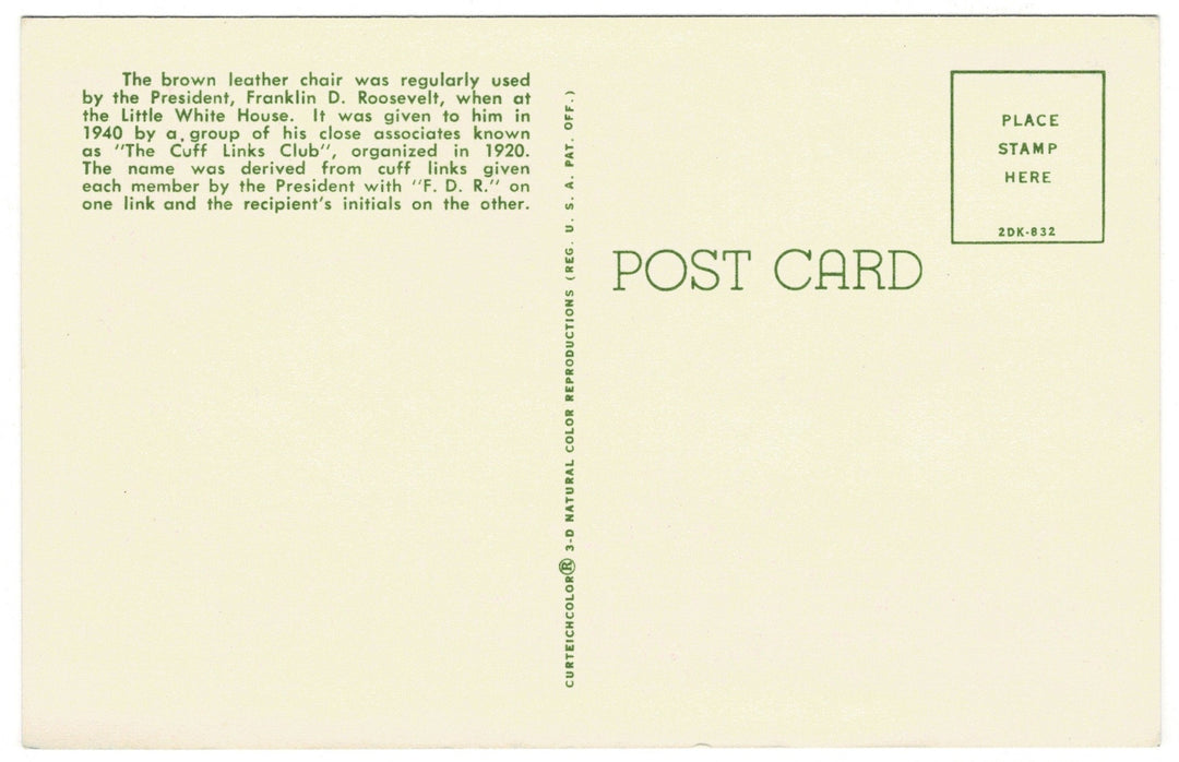 1960s FDR Little White House Interior Warm Springs GA Vintage Postcard, back view.