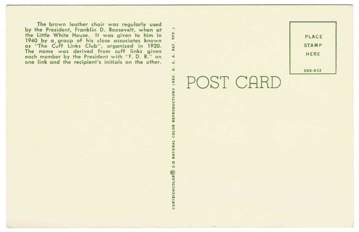 1960s FDR Little White House Interior Warm Springs GA Vintage Postcard, back view.