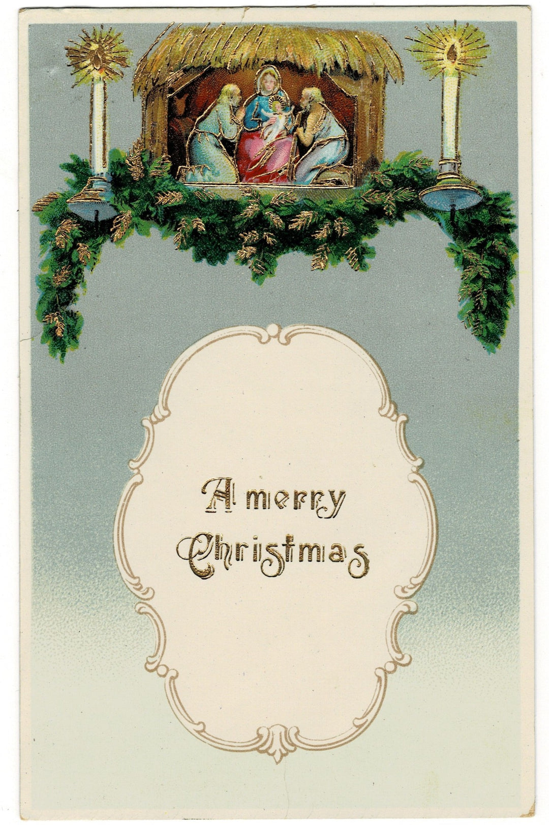 1911 Gilded Mantel Nativity Scene Vintage Christmas Postcard.
