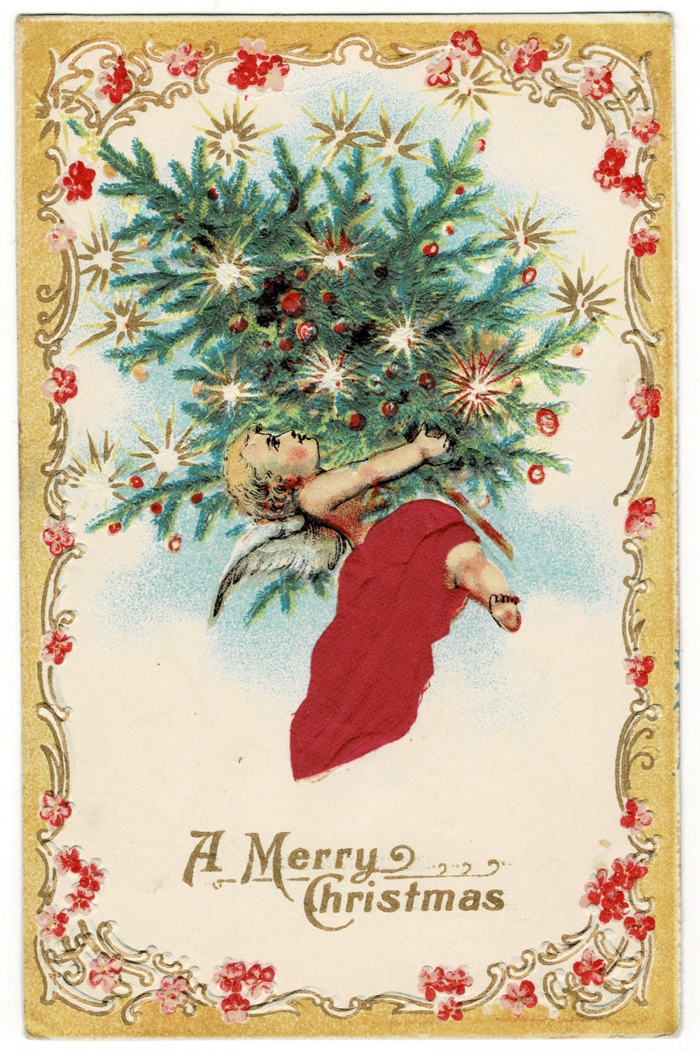 1910 Angel of Love Delivers Christmas Tree Vintage Christmas Postcard.