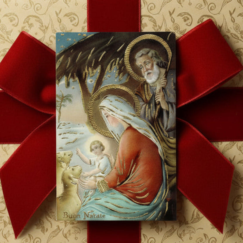 Nativity scene 1959 “Buon Natale” Vintage Christmas Postcard gift topper.