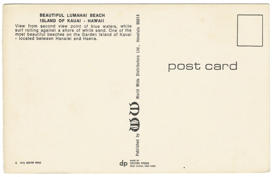 1970s Lumahai Beach Kauai Hawaii Warrior Sign  Vintage Postcard, back.