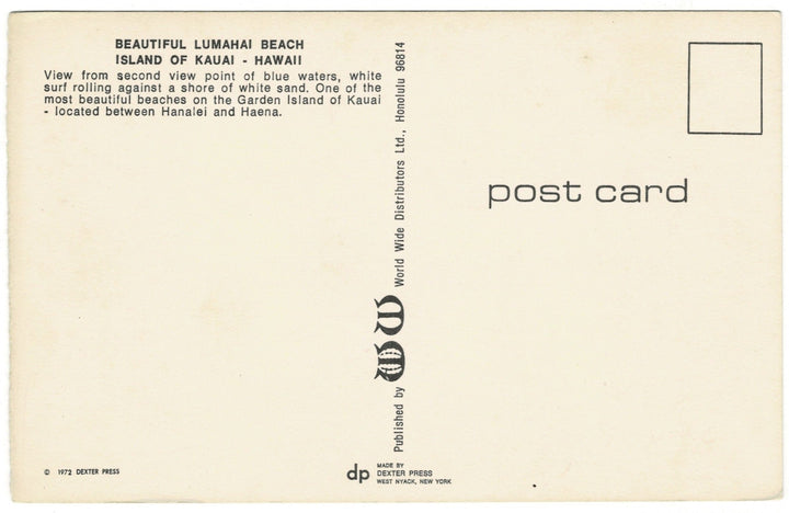 1970s Lumahai Beach Kauai Hawaii Warrior Sign  Vintage Postcard, back.