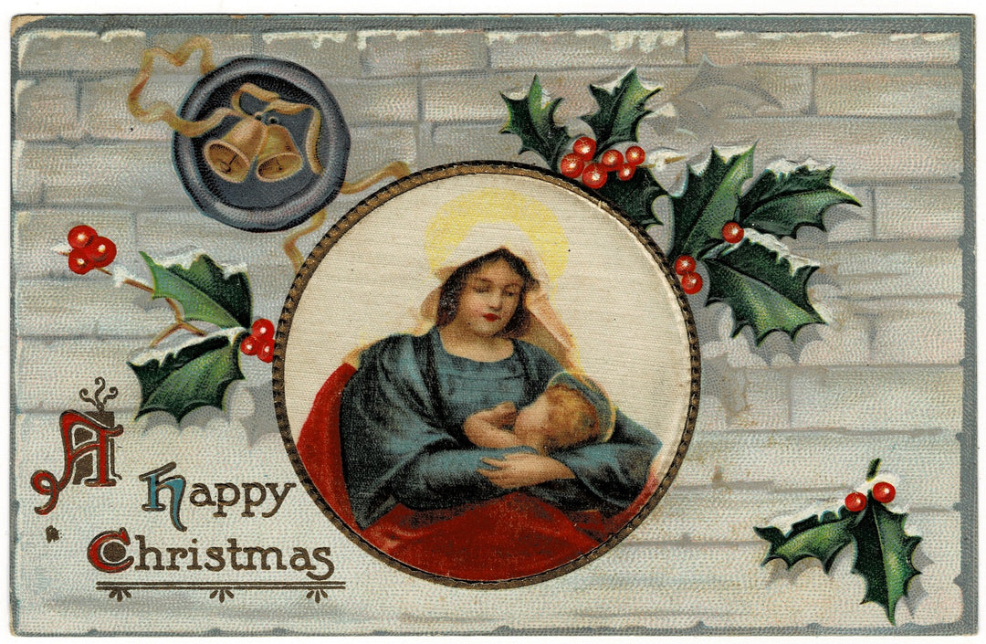 1909 Baby Jesus and Mother Mary Vintage Christmas Postcard.