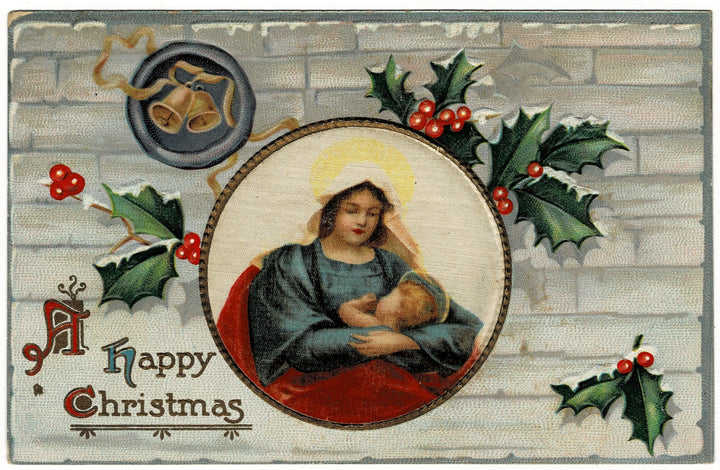 1909 Baby Jesus and Mother Mary Vintage Christmas Postcard.