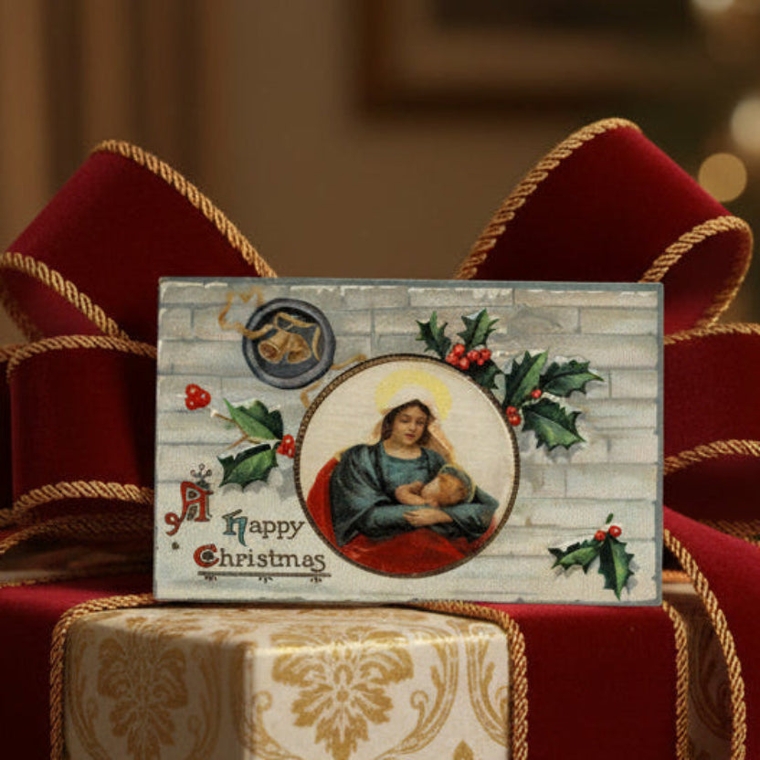 1909 Baby Jesus and Mother Mary Vintage Christmas Postcard as gift topper,