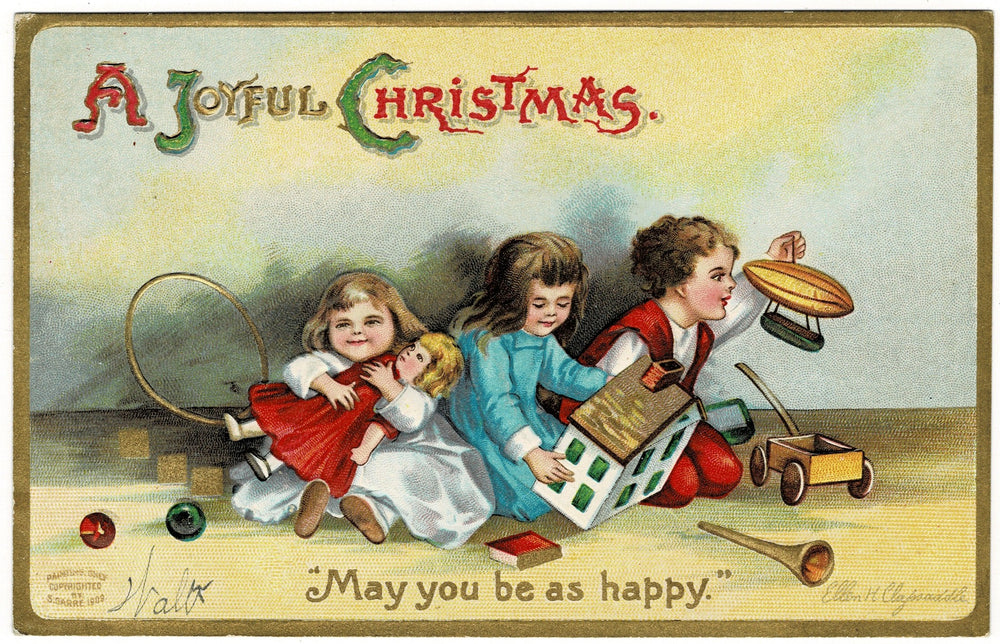 1909 Children Play on Christmas Morning by Clapsaddle Vintage Postcard.