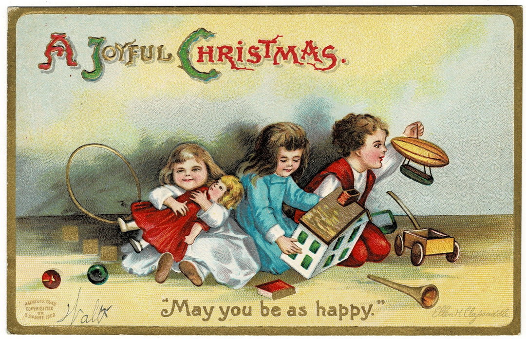 1909 Children Play on Christmas Morning by Clapsaddle Vintage Postcard.