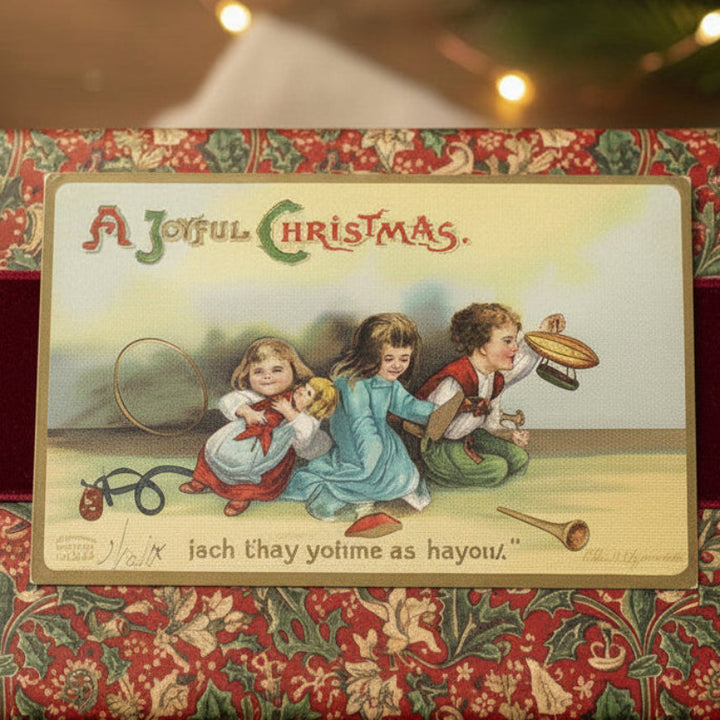 Decorative Christmas box with 1909 Children Play on Christmas Morning by Clapsaddle Vintage Postcard as a gift topper.