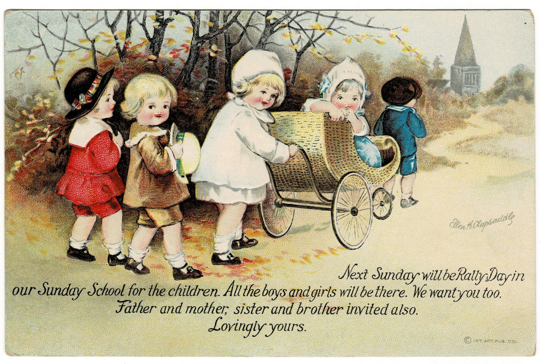 1909 Sunday School Rally Day by Clapsaddle Vintage Postcard, Artist Signed.