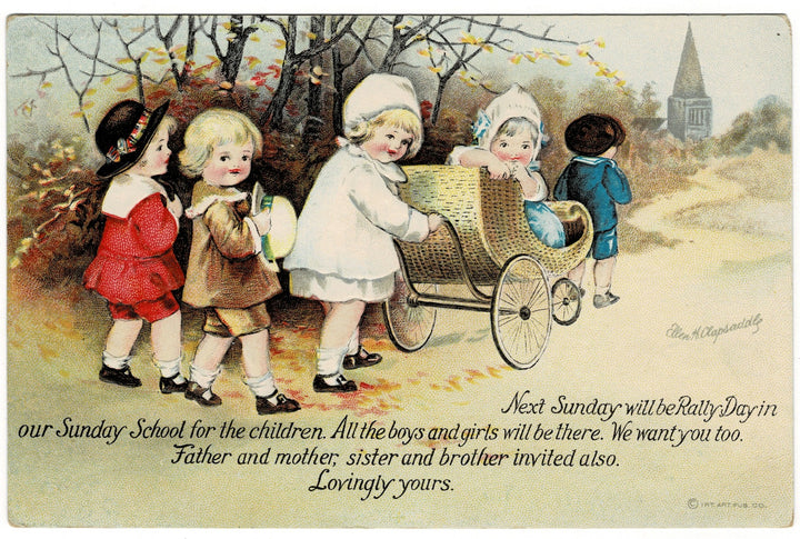1909 Sunday School Rally Day by Clapsaddle Vintage Postcard, Artist Signed.