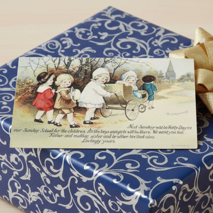 1909 Sunday School Rally Day by Clapsaddle Vintage Postcard, Artist Signed on a gift box.