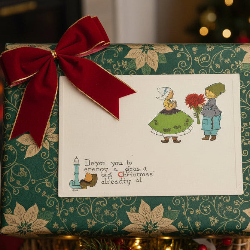 Gift wrapped in green paper with a red ribbon and 1913 Yule Love This Dutch Vintage Christmas Postcard.