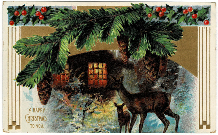 1909 Wild Deer at Cozy Christmas Cabin Vintage Postcard.