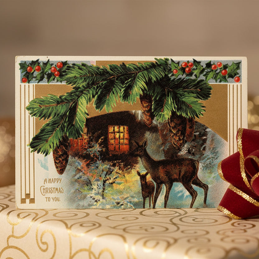 1909 Wild Deer at Cozy Christmas Cabin Vintage Postcard gift topper on a gift box.