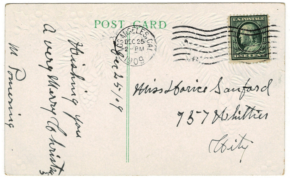 1909 Wild Deer at Cozy Christmas Cabin Vintage Postcard, reverse.