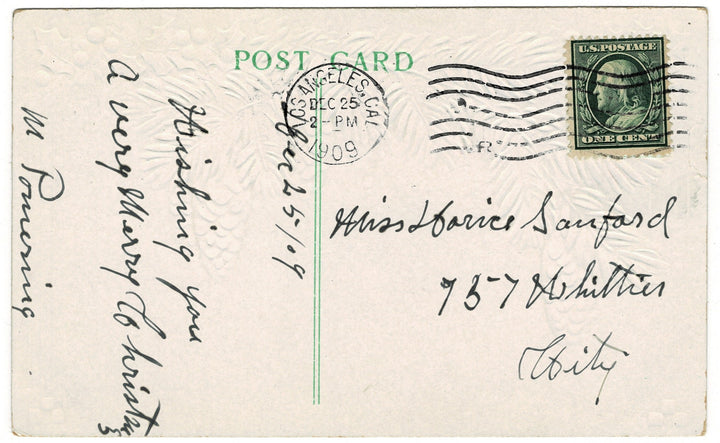 1909 Wild Deer at Cozy Christmas Cabin Vintage Postcard, reverse.