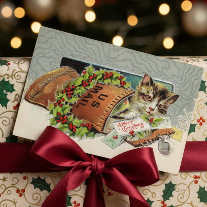 1912 Sweet Christmas Kitten in U.S. Mail Carrier’s Bag Vintage Postcard Embossed & Gilded, with a cat and wreath design, tied with a red ribbon on a patterned background.