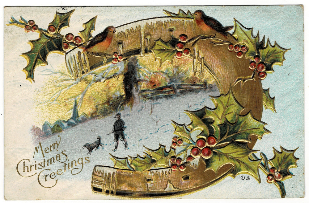 1912 Lucky Horseshoe Frames Hunter in Winter Vintage Christmas Postcard.
