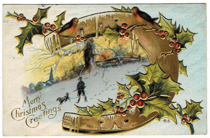 1912 Lucky Horseshoe Frames Hunter in Winter Vintage Christmas Postcard.