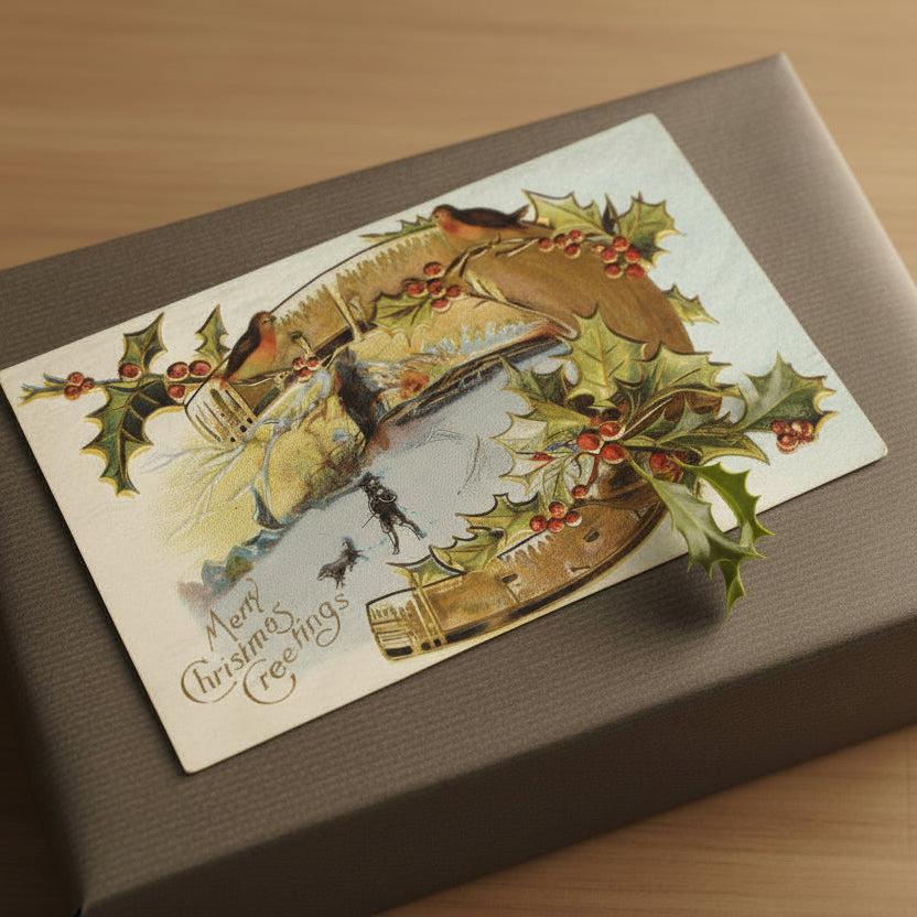 Decorative 1912 Lucky Horseshoe Frames Hunter in Winter Vintage Christmas Postcard on a wrapped gift box.