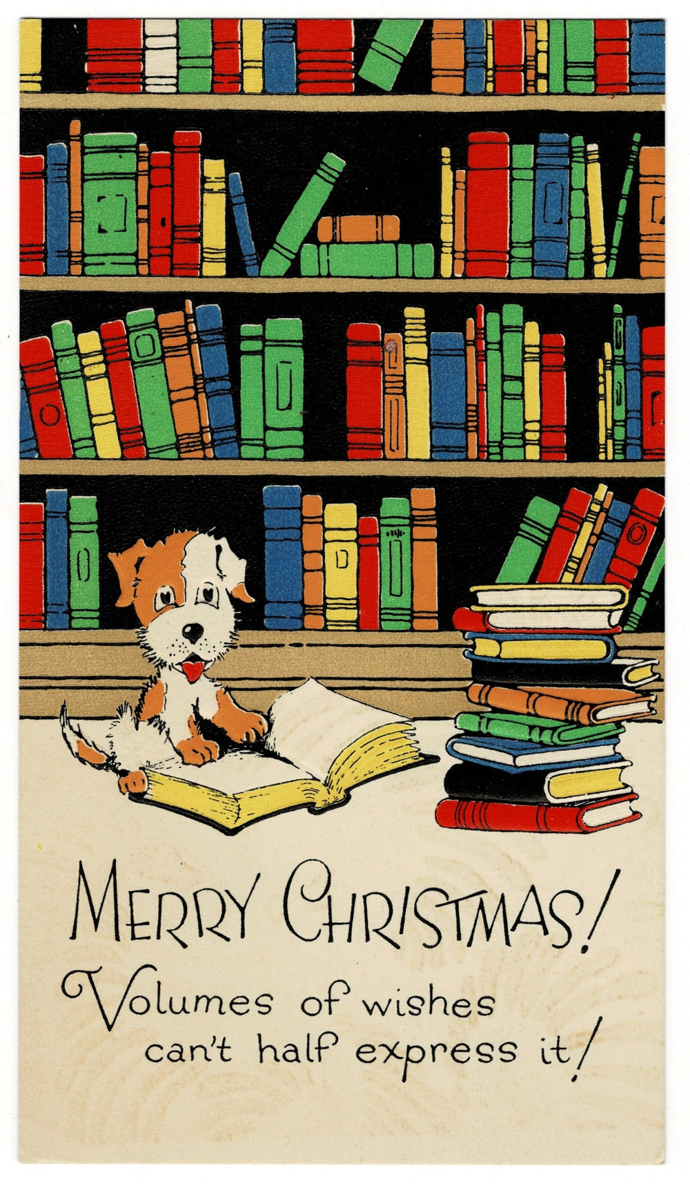 Cozy Christmas with Bookish Pup Vintage Christmas Postcard Booklover, Vintage postcard.