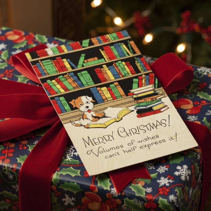 Christmas card with a dog reading a book in front of a bookshelf, Cozy Christmas with Bookish Pup Vintage Christmas Postcard Booklover, Vintage postcard.