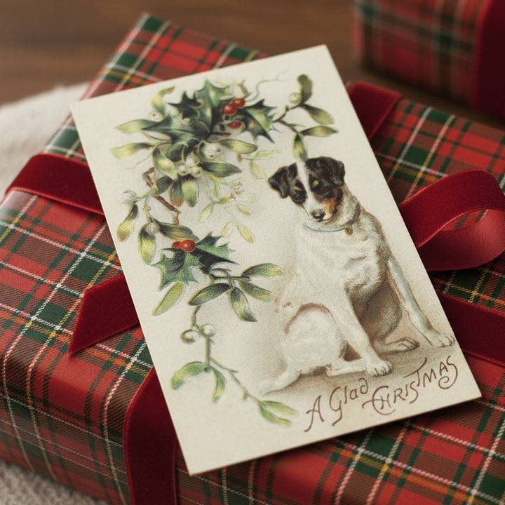 1912 Terrier Dog Brings Tidings of Joy Vintage Christmas Postcard, Holly and Mistletoe as gift topper.