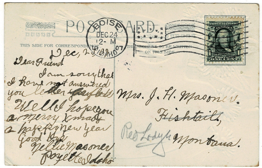 1907 Painted Tidings From An Artist’s Palette Vintage Christmas Postcard, reverse.