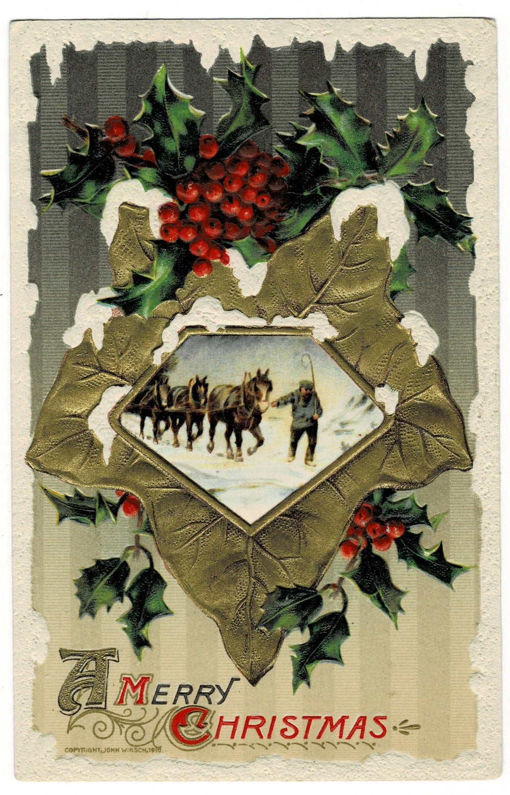 1910 Horses, Holly, Winsch Vintage Christmas Postcard Artist Signed.
