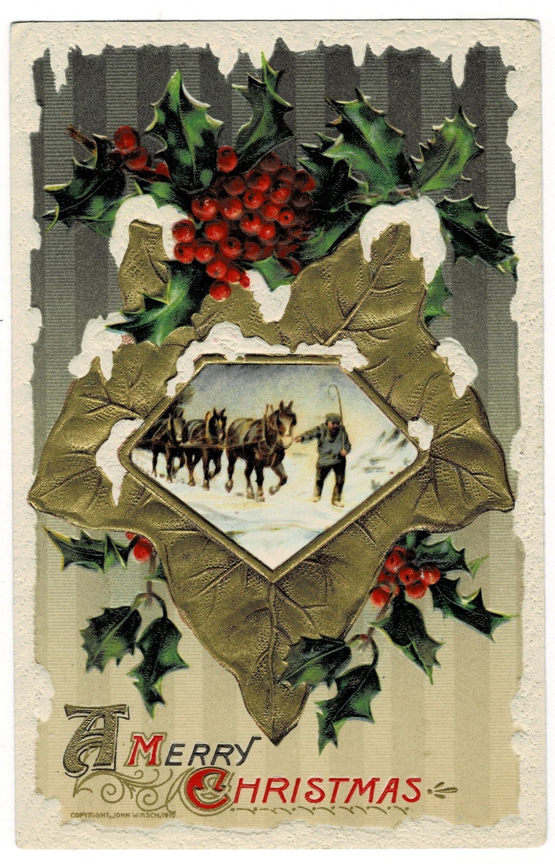 1910 Horses, Holly, Winsch Vintage Christmas Postcard Artist Signed.